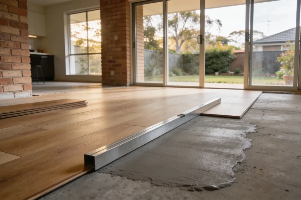 Oak-look hybrid floor planks half laid over a bare concrete slab, with an aluminium straight edge beside a patch of levelling compound near glass sliding doors