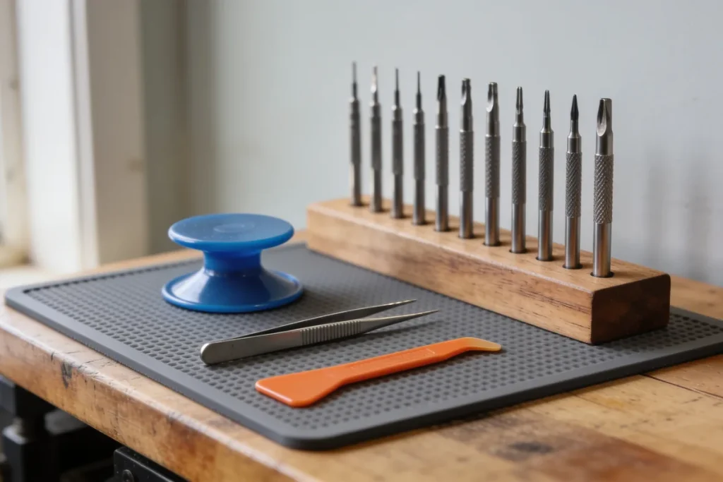 Precision screwdrivers in a wooden stand, steel tweezers, a blue suction cup and an orange opening pick on a grey anti-static mat in window light