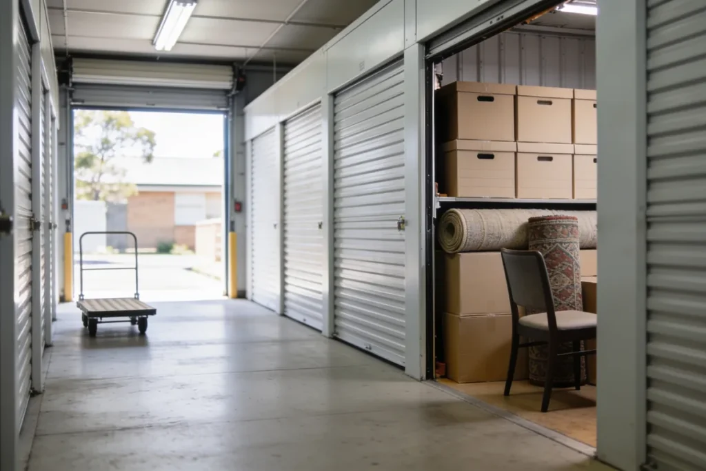 A self-storage corridor lined with roller doors, one unit open to show stacked cardboard boxes, a rolled rug and a dining chair, with a flat trolley in the aisle