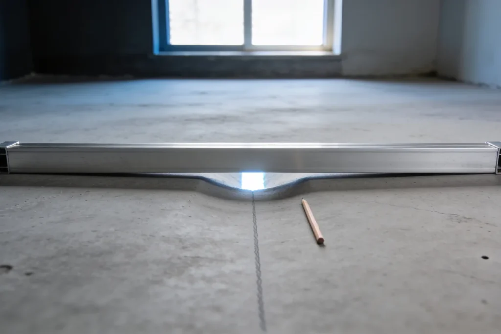 A plain aluminium straight edge lying across a bare concrete slab with a thin sliver of daylight showing under its middle where the slab dips, a pencil line on the concrete beside it