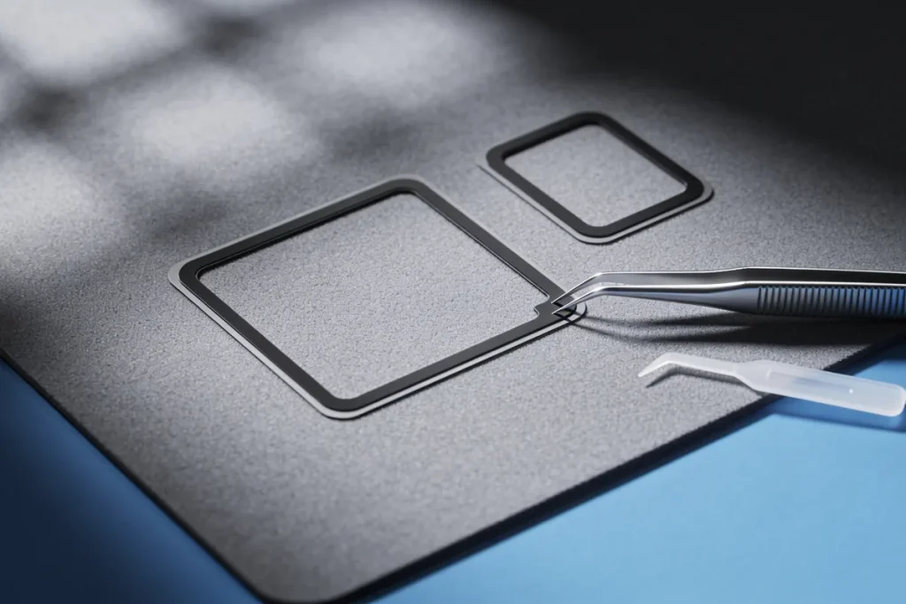 Two thin pre-cut black adhesive seals lying on a grey repair mat, fine steel tweezers lifting the corner of one, with a clear plastic opening pick beside them
