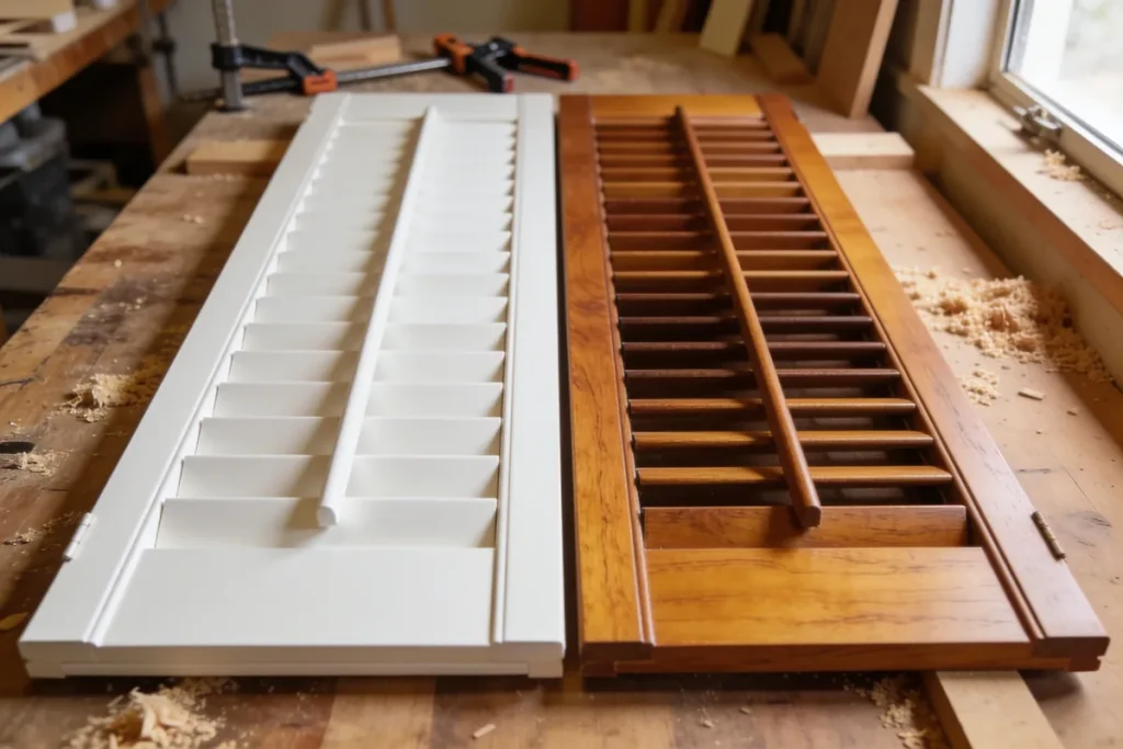 A painted white shutter panel beside a stained timber one on a joinery workbench.