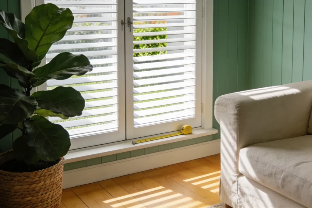White plantation shutters on a tall window in a Melbourne weatherboard living room, morning light striping a timber floor beside a linen sofa.